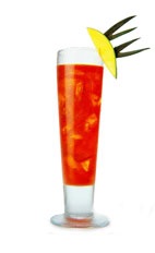 Angosomnia - The Angosomnia drink is made from gin, passionfruit liqueur, triple sec, Angostura bitters, mango nectar and grenadine, and served in a collins glass.