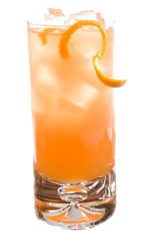 Bitter Bull - The Bitter Bull drink is made from Leblon Cachaca, Red Bull, Campari and orange juice, and served in a highball glass.