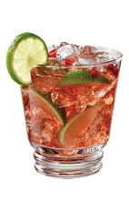 Caipirinha de PAMA - The Caipirinha de PAMA drink is made from PAMA Pomegranate Liqueur, cachaça, simple syrup and lime, and served in an old-fashioned glass.