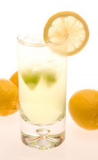 Leblon Lemonade - The Leblon Lemonade drink is made from cachaca, lemonade, lemon-lime soda and peach brandy, and served in a highball glass.