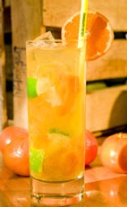 Mandarin Meltdown - The Mandarin Meltdown drink is made from cachaca, orange juice, tangerine puree, agave nectar, bitters and lemon juice, and served in a highball glass.