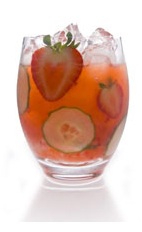 Strawberry Cucumber Caipirinha - The Strawberry Cucumber caipirinha is made from cachaca, sugar, strawberries, cucumber and lemon, and served in an old-fashioned glass.