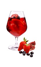 Superfruit Sangria - The Superfruit Sangria drink is made from VeeV acai spirit, red wine, pomegranate juice and cranberry juice, and served in a brandy snifter.