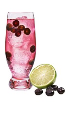 Superfruit Soda - The Superfruit Soda drink is made from VeeV acai spirit, club soda, lime juice and blueberries, and served in a highball glass.