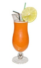 Tropical Storm - The Tropical Storm drink is made from rum, guava juice and mango fruit, and served in a hurricane glass.