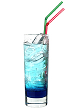 Blue Boat - The Blue Boat drink is made from vanilla vodka, Sourz Tropical Blue and lemon-lime soda, and is served in a highball glass.