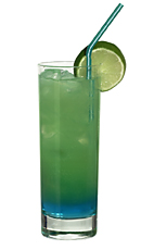 Ditchhiker - The Ditchhiker drink is made from blue curacao, peach liqueur, vodka, lemon-lime soda and orange juice, and served in a highball glass.