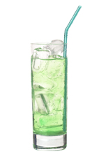 Green Demon - The Green Demon drink is made from Bacardi Limon, Pisang Ambon and lemon-lime soda, and served in a highball glass.