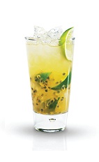 Lime Passion - The Lime Passion drink is made from lime vodka, passion fruit syrup, passion fruit, lime wedges and club soda, and served in a highball glass.