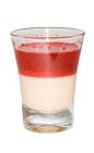 The Blood Drop shot is made by layering red vokda over pumpkin pie cream liqueur in a shot glass.