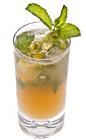The Brazilian Julep drink is made from Leblon Cachaca, Southern Comfort, mint, lime juice and simple syrup, and served in a highball glass.