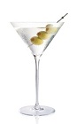 The Filthy Dirty Martini is made from Stoli vodka and olive juice, and served in a chilled cocktail glass.