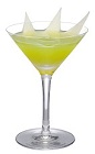 The Green Eyed Tiger cocktail is made from silver tequila, Midori melon liqueur, ginger, orange juice and lime juice, and served in a chilled cocktail glass.