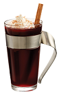 The Hot PAMA Cocoa drink is made from PAMA Pomegranate Liqueur and hot cocoa, and served in a coffee glass.