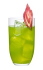 The Love Junk drink is made from Midori melon liqueur, peach brandy and apple juice, and served in a highball glass.