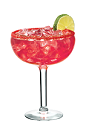 The Margarita PAMA drink is made from tequila, PAMA Pomegranate Liqueur, triple sec, lime juice and simple syrup, and served in a margarita glass.