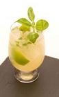 The Modern Mojito drink is made from cachaca, lemon-lime soda, simple syrup, basil and lime, and served in an old-fashioned glass.