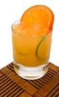 The Orange Caipirinha drink is made from cachaca, orange juice, lime and Sprite, and served in an old-fashioned glass.
