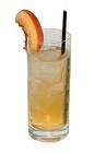 The Peach Lemon Fizz drink is made from gin, peach brandy, lemon juice and champagne, and served in a highball glass.