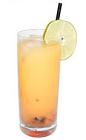 The Raspberry Season drink is made from rum, raspberries and orange juice, and served in a highball glass.