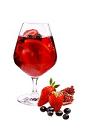 The Superfruit Sangria drink is made from VeeV acai spirit, red wine, pomegranate juice and cranberry juice, and served in a brandy snifter.