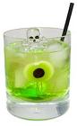 The Witches Brew drink is made from rum, Midori melon liqueur and club soda, and served in an old-fashioned glass.