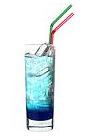 The Blue Boat drink is made from vanilla vodka, Sourz Tropical Blue and lemon-lime soda, and is served in a highball glass.