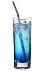 The Blue Lagoon drink is made from vodka, blue curacao and lemon-lime soda, and served in a highball glass.