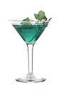 The Madonna cocktail is made from vodka, peach liqueur, kiwi liqueur and blue curacao, and served in a cocktail glass.