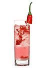 The Spicy Sara drink is made from pepper vodka (aka Absolut Peppar), strawberry liqueur, red chili pepper, green chili pepper and tonic water, and served in a highball glass.