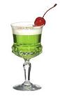 The Sweet Vodka cocktail is made from vodka, creme de bananes and Midori Melon Liqueur, and served in a cocktail glass.